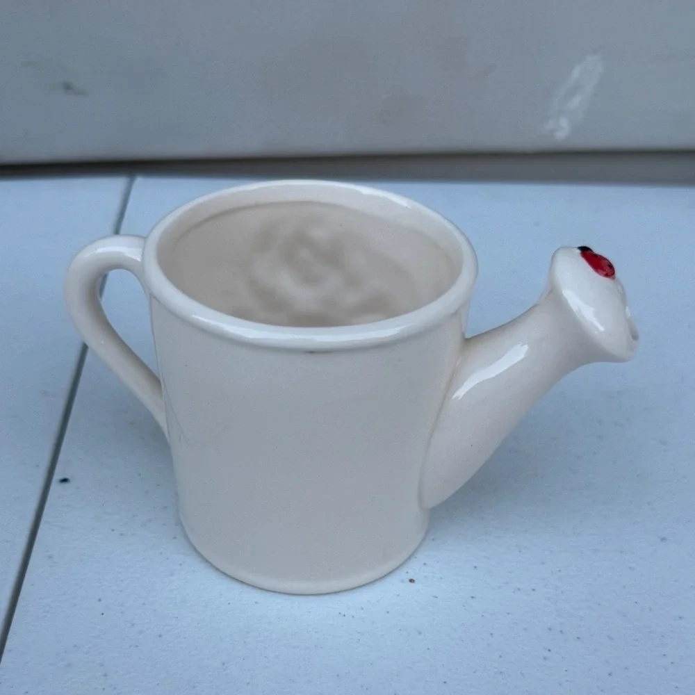 Ceramic Miniature Watering Can Pink Peony Flower Ladybug Cottagecore Decor 4.5in
